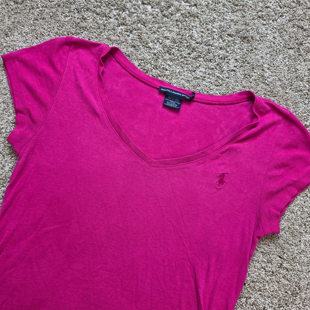 Ralph Lauren Sport V-Neck T-Shirt Womens Large Pink Short Sleeve Pima Cotton Tee